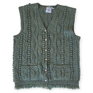 Vintage CAPE ISLE KNITTERS Oversized Green Shetland Wool Cable Knit Sweater Vest